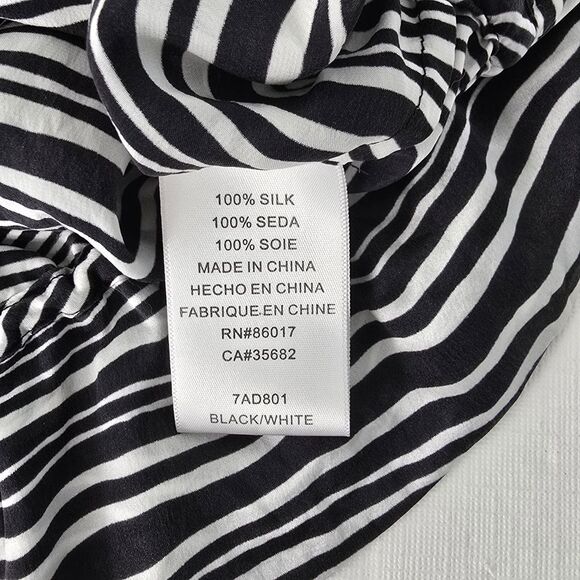 Bebe Women’s M Black White Stripe 100% Silk Halter Tunic Blouse Keyhole Back - Picture 6 of 9